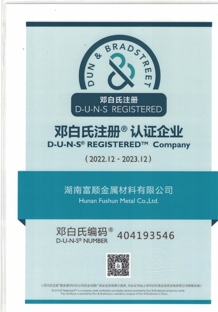 China Hunan Fushun Metal Co., Ltd. Certification
